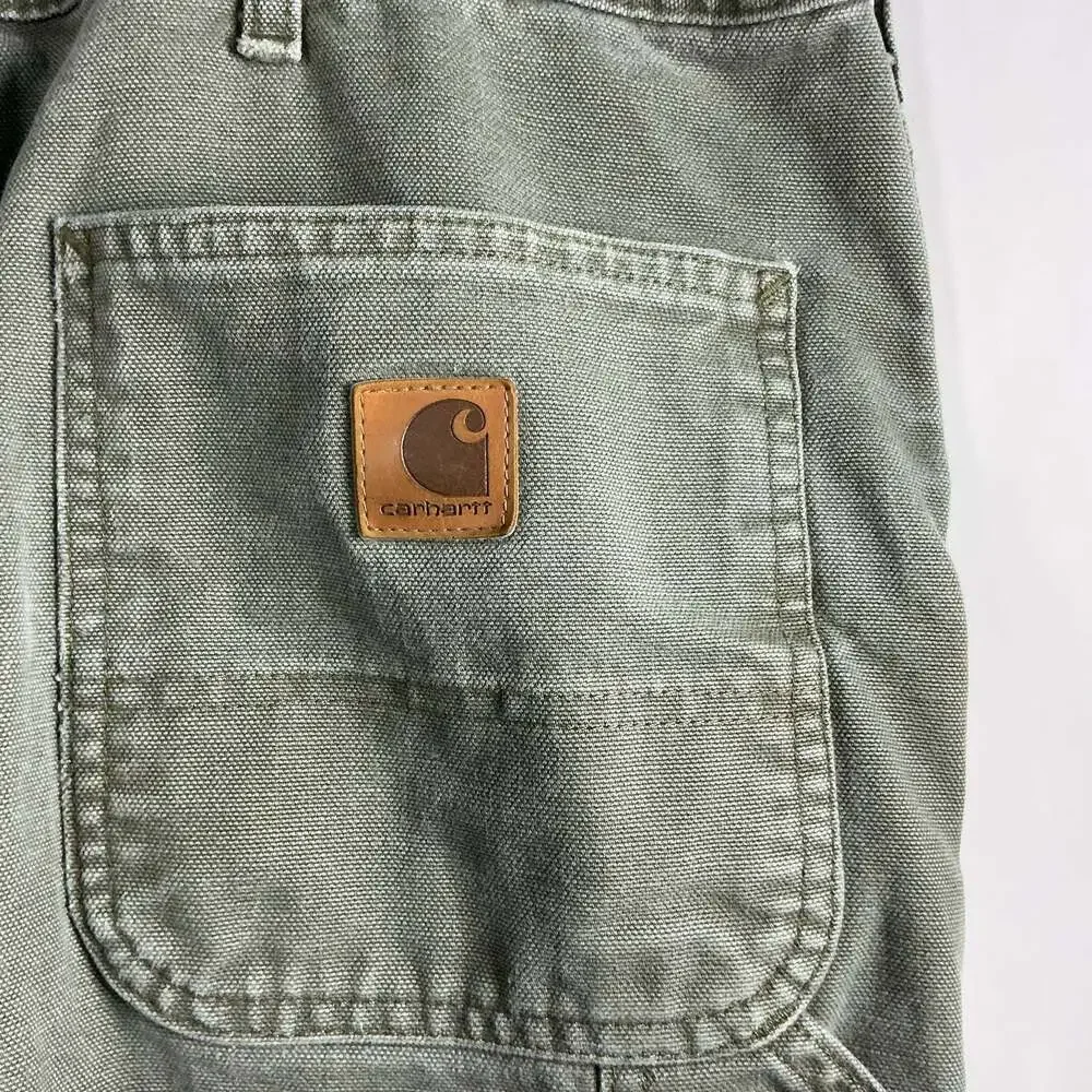 Carhartt Vintage Flannel-Lined Green Canvas Carpenter Work Pants Distressed